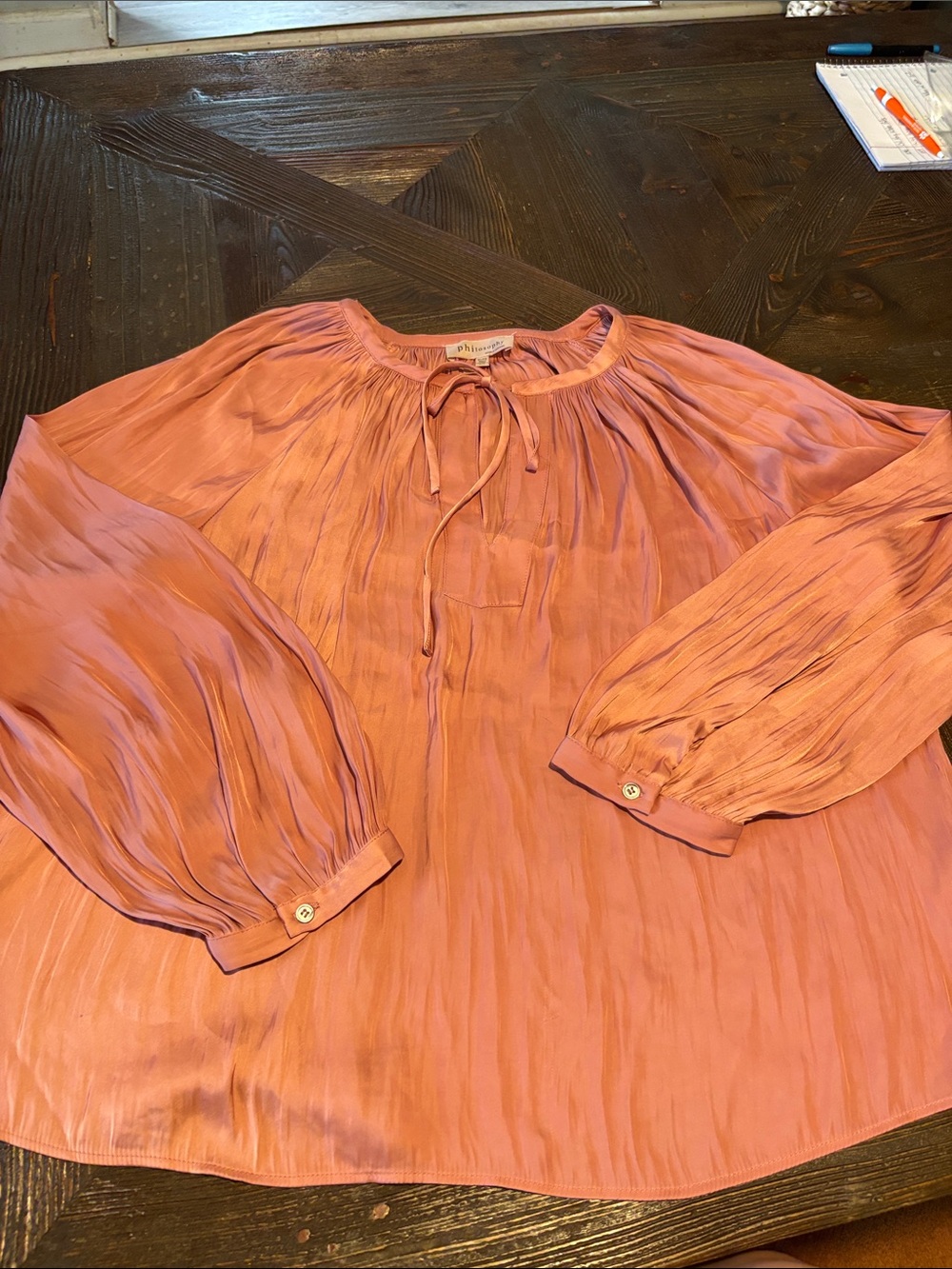 Philosophy Peach-Pink Long Sleeve Tie-Neck Blouse